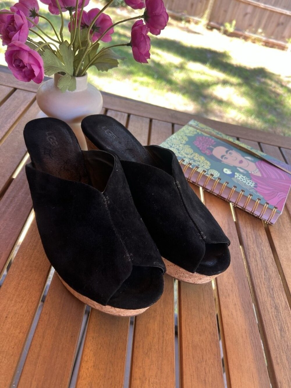 UGG Fifi Black Suede Cork Wedge Slide Sandals Women’s US 8.5